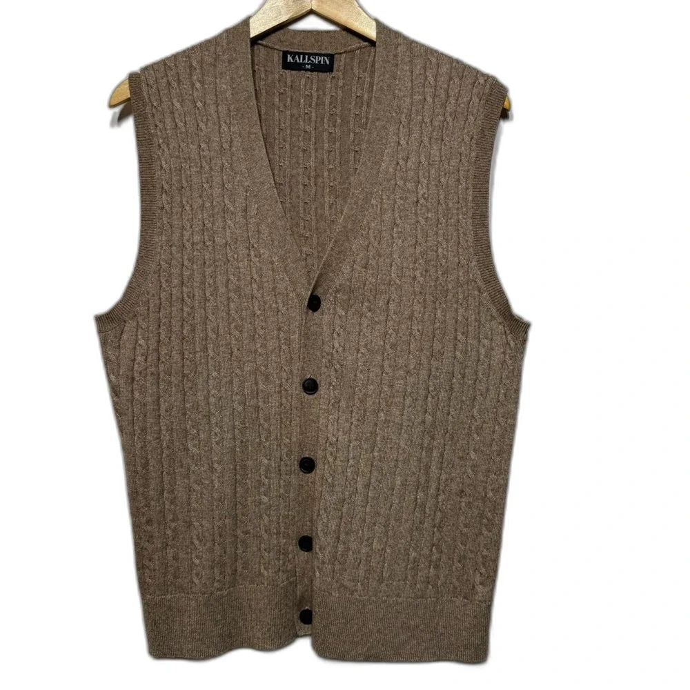 Kallspin Cable-Knit Vest Cashmere Wool Blend Cardigan in Beige Tan M NWOT
